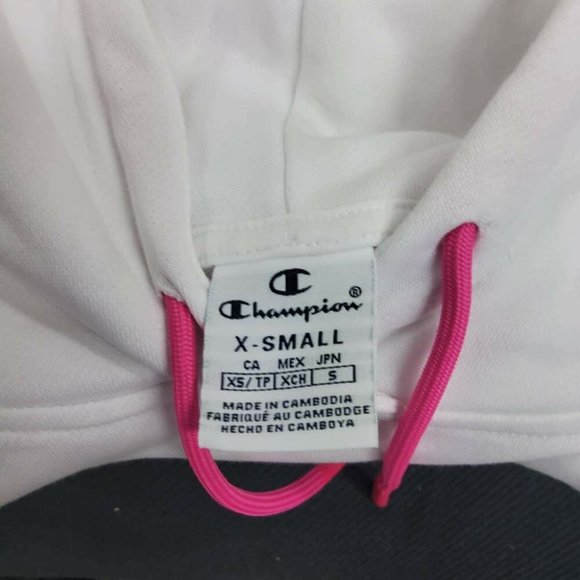 CHAMPION White Pink Stripe Tape Winter Cropped Hoodie Sweater Jumper - Picture 10 of 10